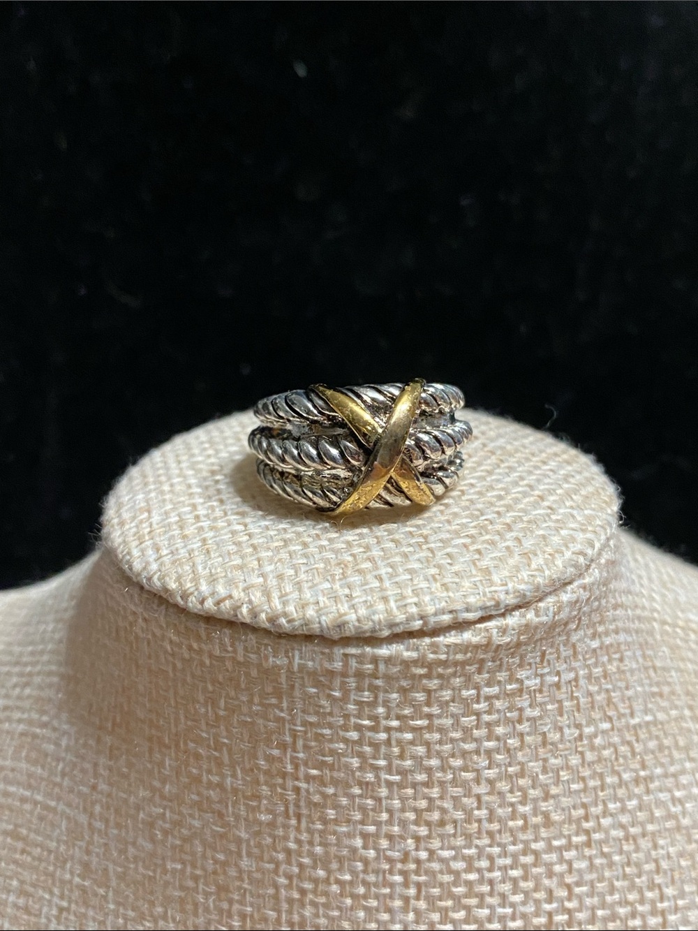 VTG Two-Tone Twisted Rope Ring with Gold Cross Accent